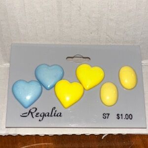 Vintage 70s/80s New on Card Set of 3 Post Earrings- 2 Heart shaped & one oval
